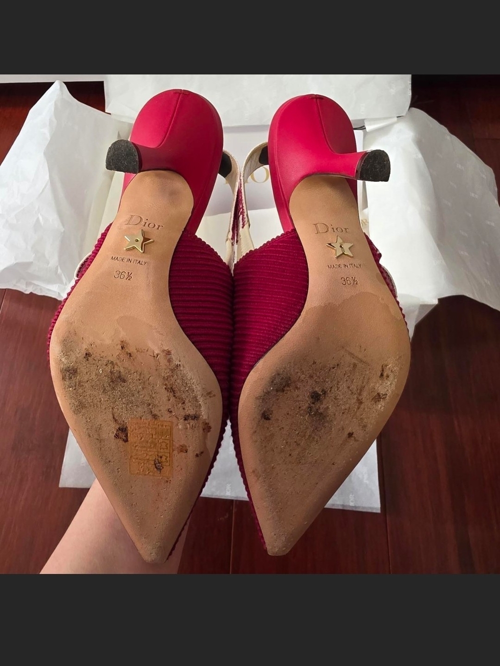 Dior Burgundy Textured Slingback Pointed Pumps - Picture 4 of 5